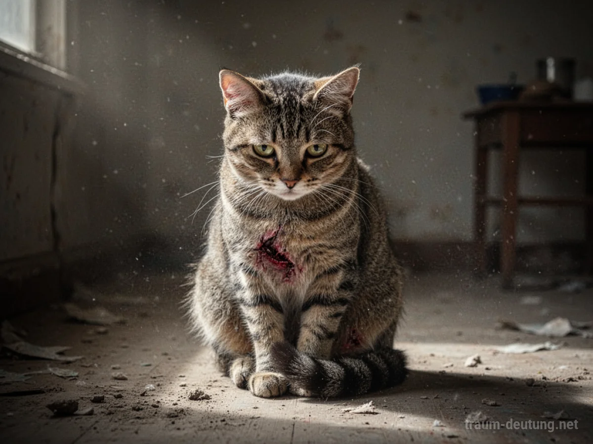 Verletzte Katze sitzt traurig in einem dunklen Raum