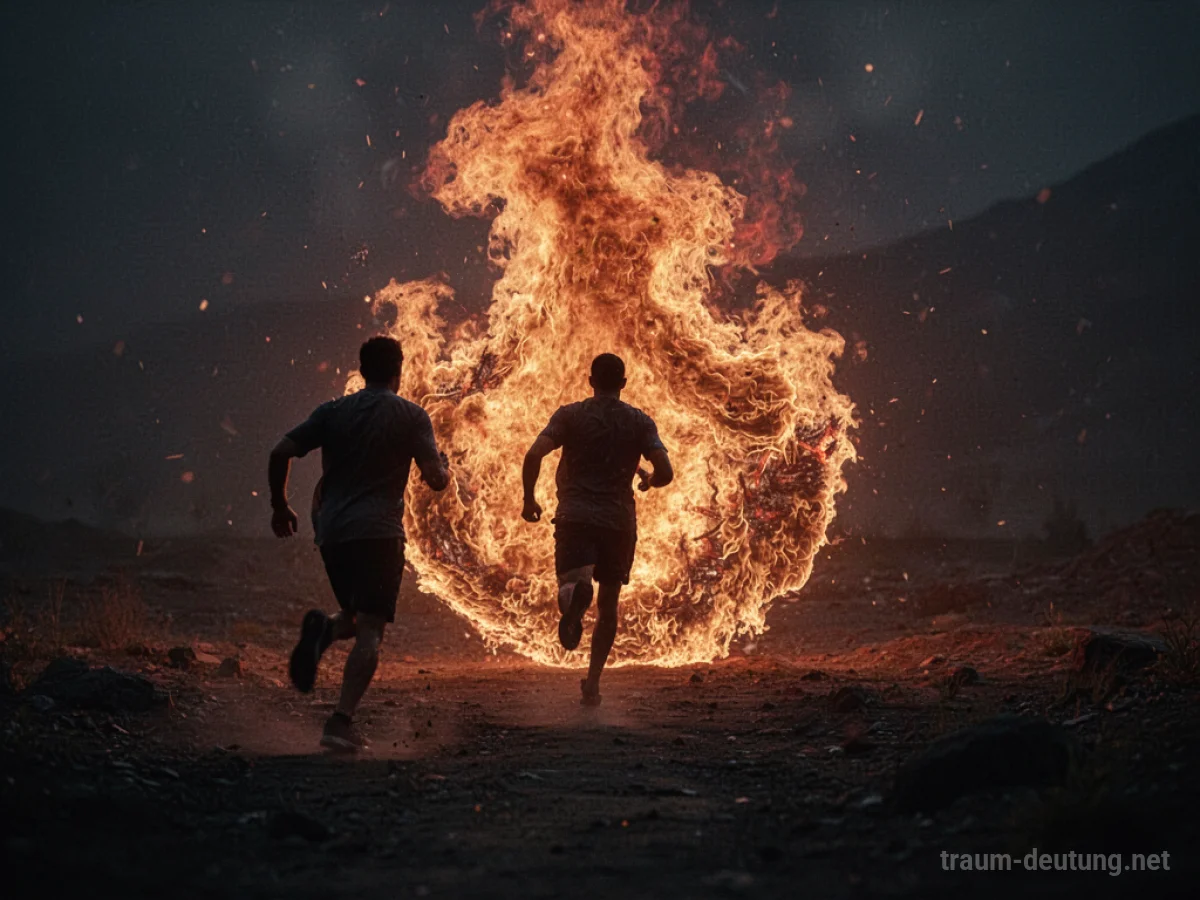 Silhouette einer Person, die vor einer stilisierten Flamme in dunkler Landschaft davonläuft.