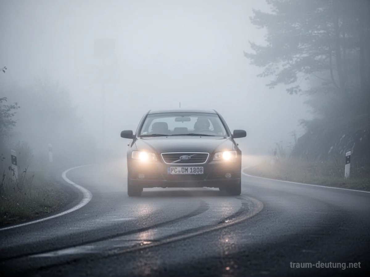 Auto fährt im dichten Nebel auf einer Straße