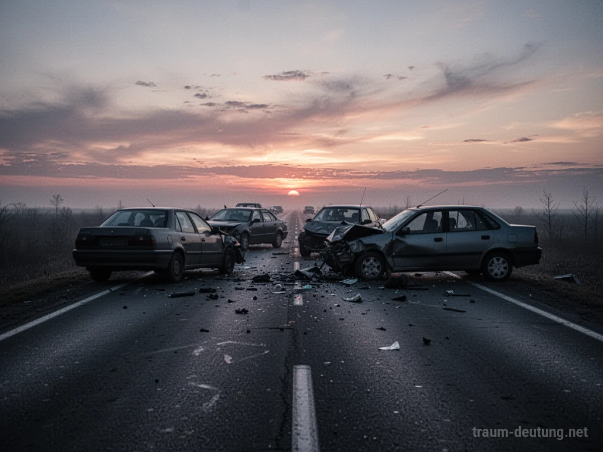 Mehrere unfallbeschädigte Autos auf einer einsamen Straße im Zwielicht.