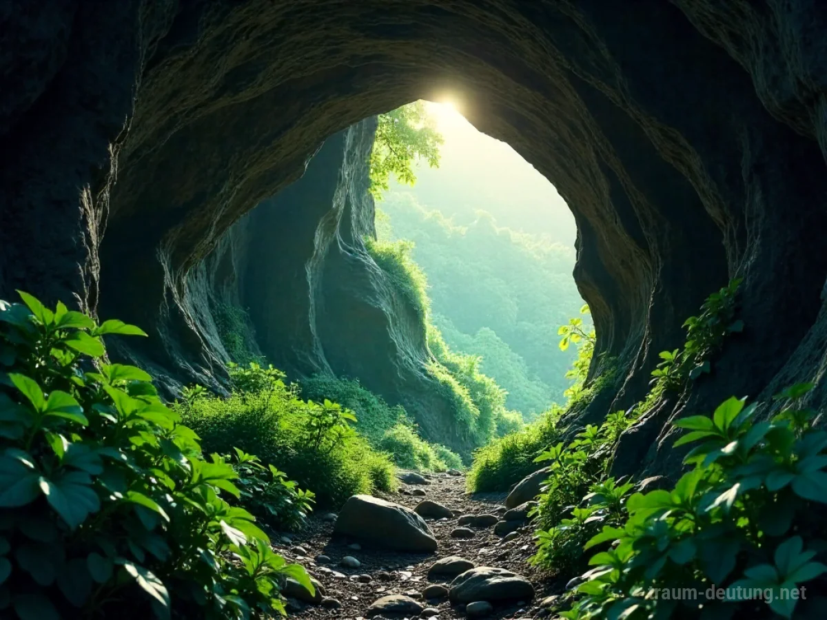 Eingang einer natürlichen Höhle, sanft beleuchtet, umgeben von Grün.