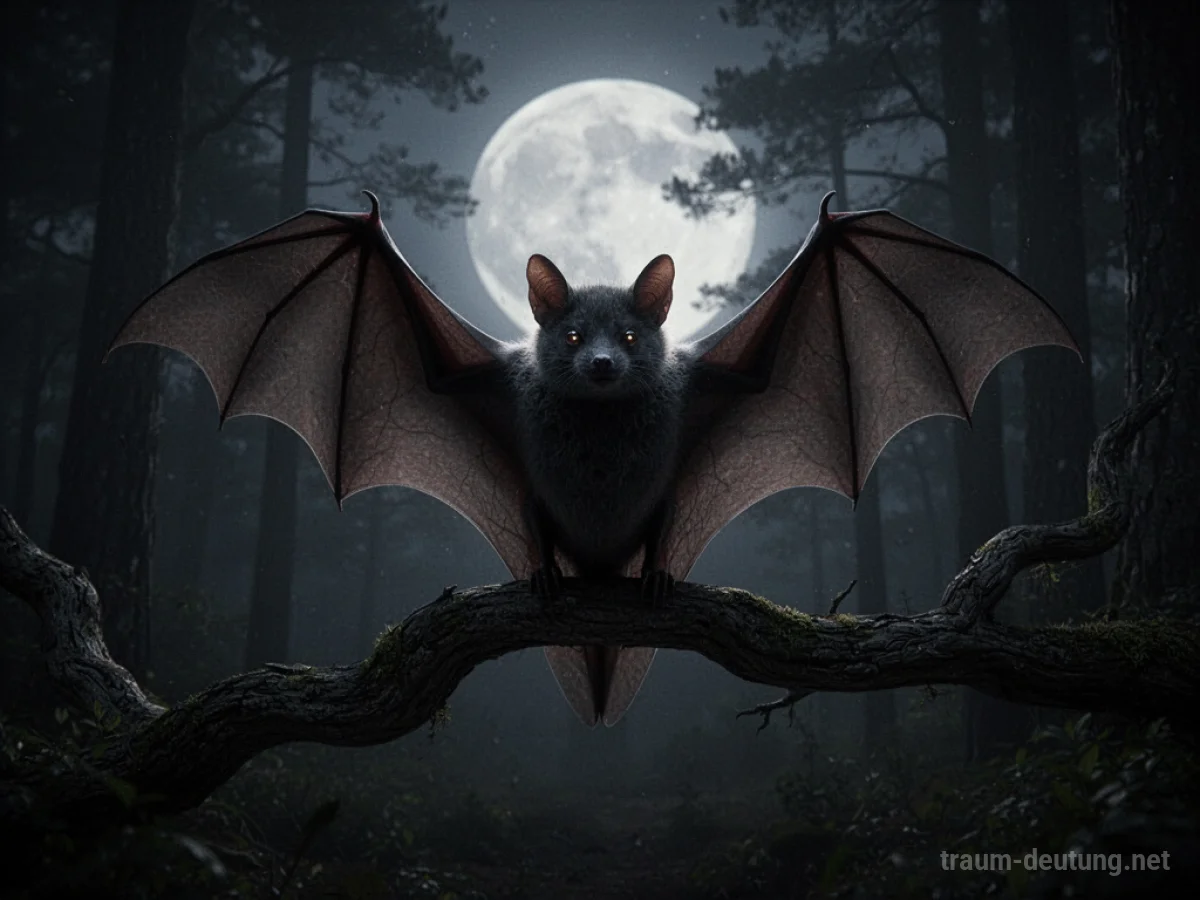Schattenhafte Fledermaus mit leuchtenden Augen auf Ast im Mondlicht