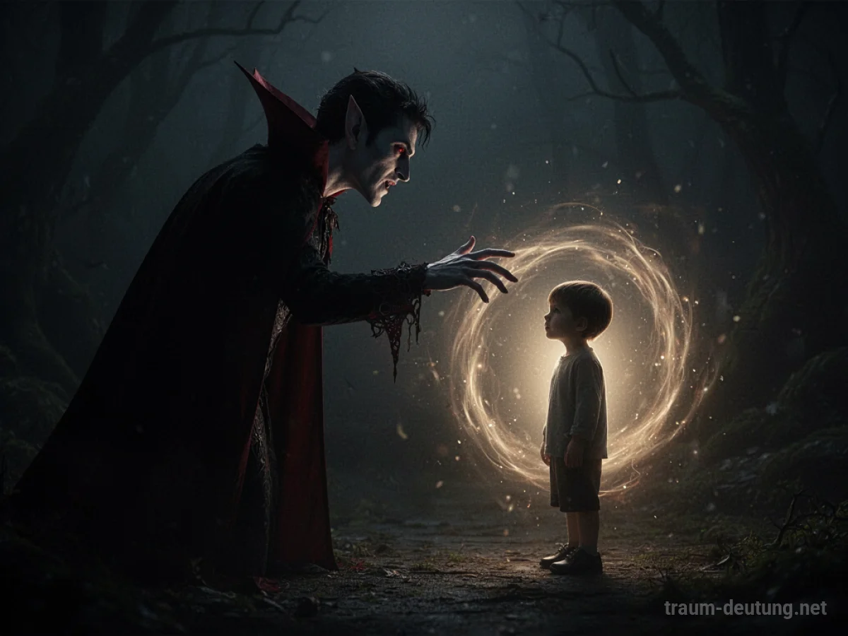 Silhouette eines Vampirs, der sich einem Kind nähert, mit einem schützenden Licht um das Kind.