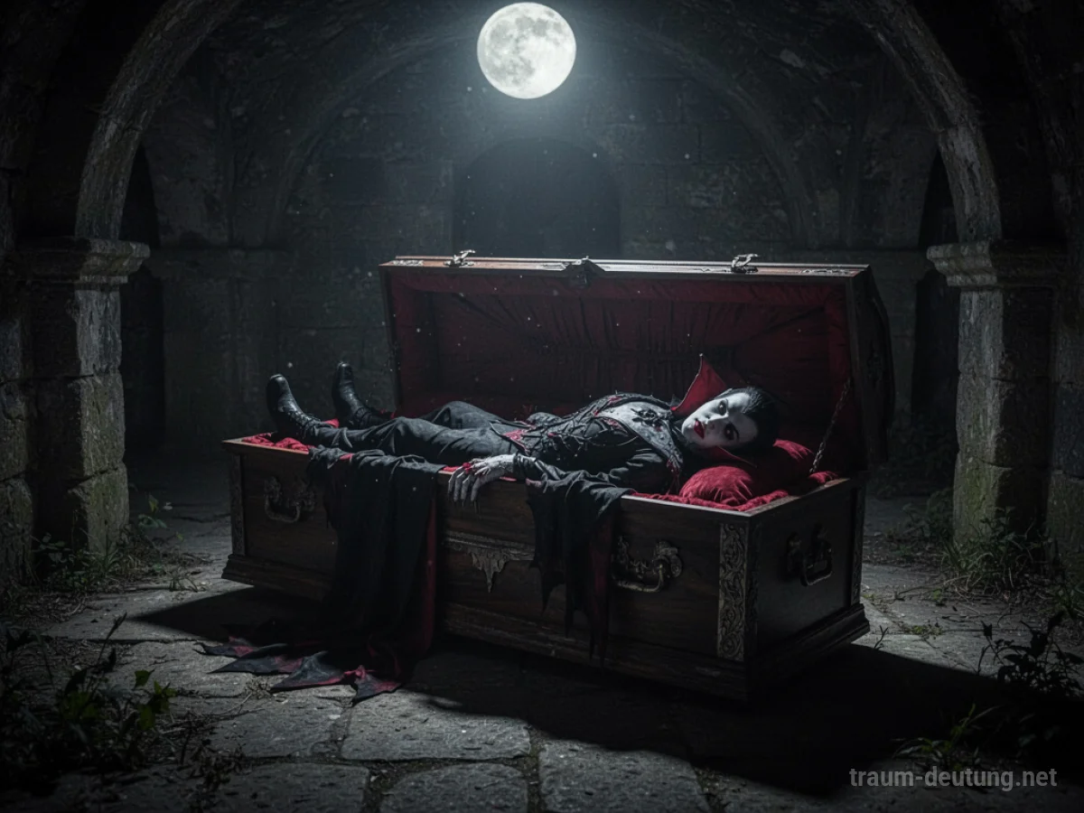 Vampirfigur liegt in einem offenen Sarg in einer dunklen Krypta.
