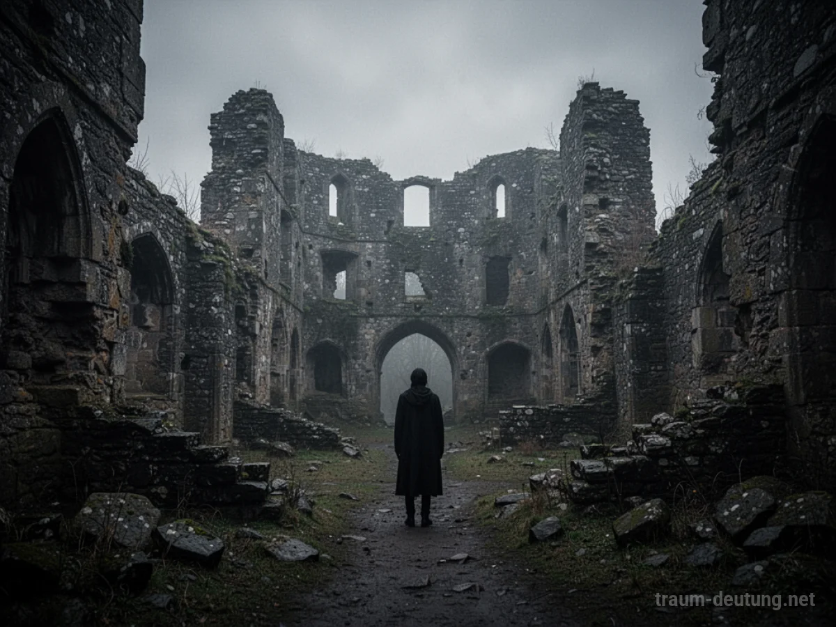 Schattenhafte Figur in den Ruinen einer alten Burg bei Dämmerung