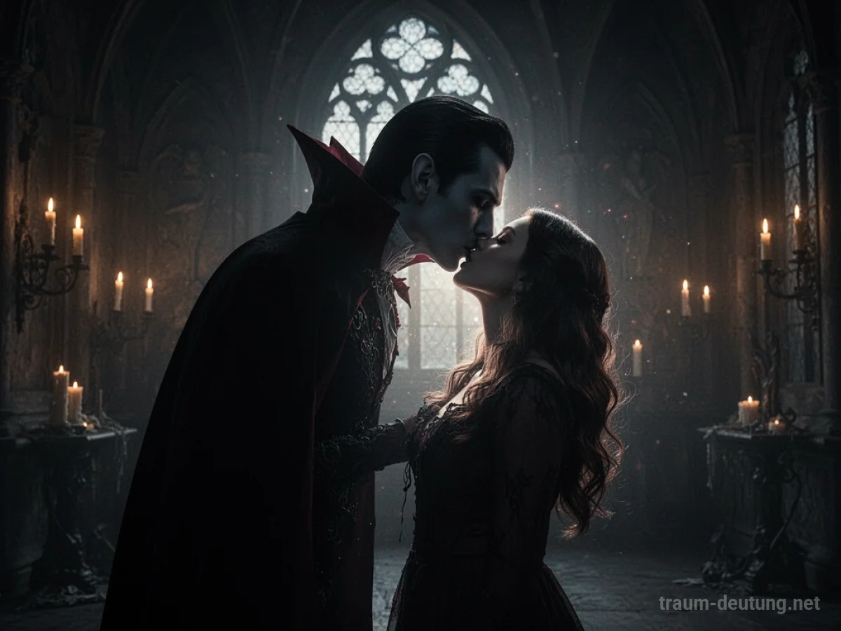 Silhouetten eines Vampirs, der eine Person küsst, in einem schattigen Raum.