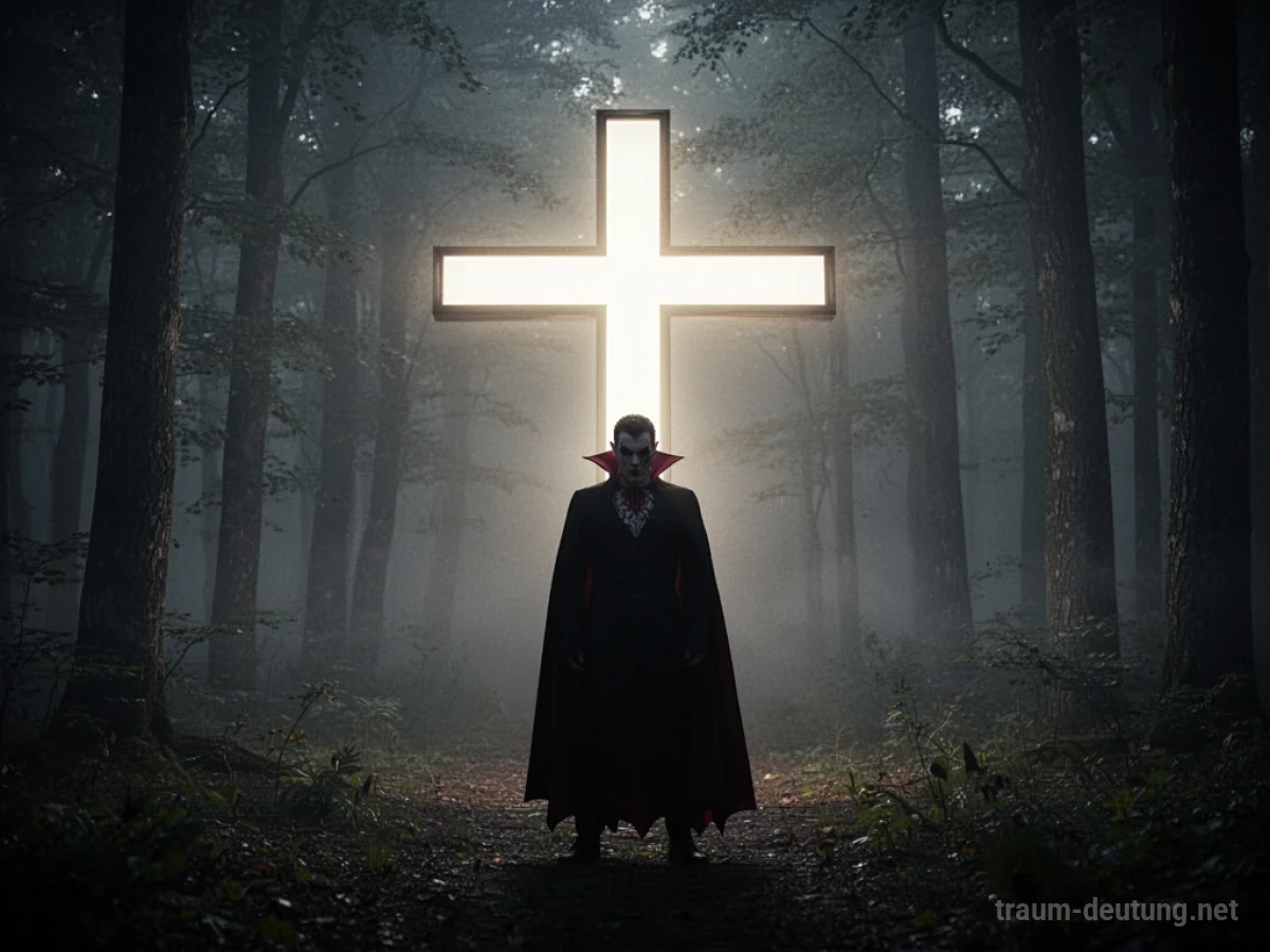 Vampirfigur vor einem leuchtenden Kreuz im Nebel