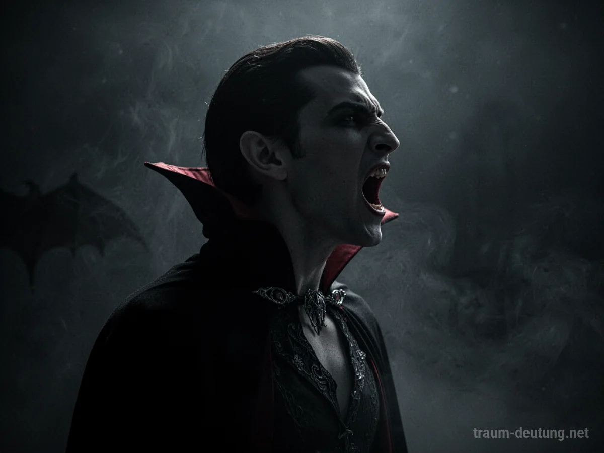 Silhouette eines Vampirs mit offenem Mund ohne sichtbare Zähne, dunkler Nebelhintergrund