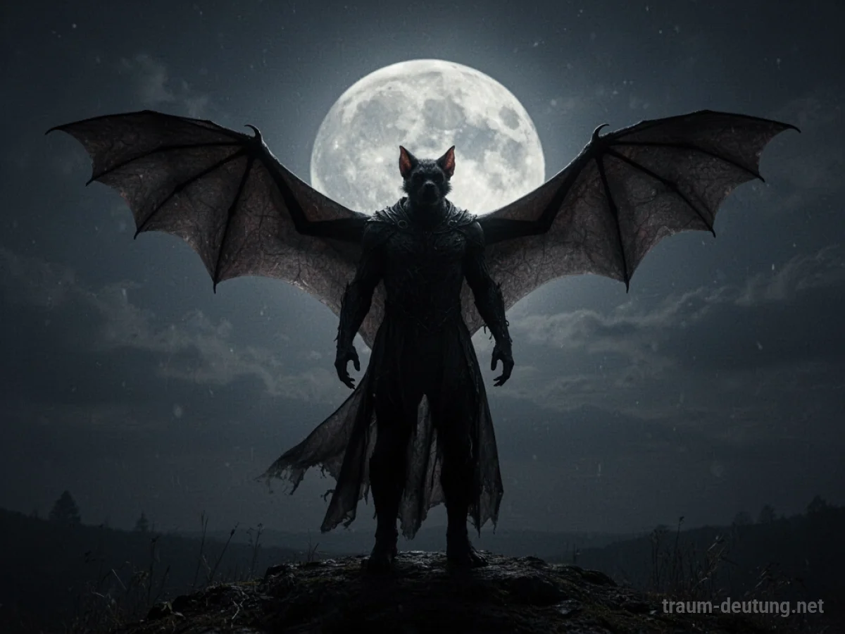 Schattenfigur verwandelt sich von einer Fledermaus zu einer menschlichen Silhouette im Mondlicht.