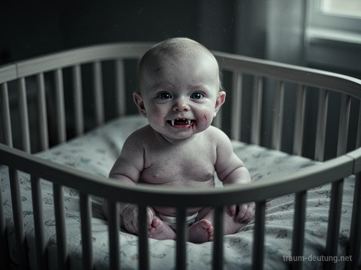 Ein kleines, blasses Baby mit angedeuteten Vampirzähnen sitzt in einem dunklen Raum.