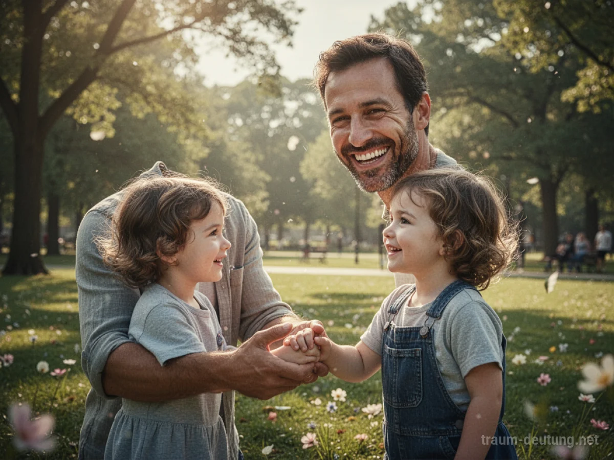 Glücklicher Vater lächelt sein Kind an, Hand in Hand im Sonnenschein