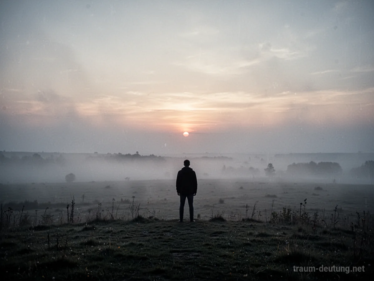 Silhouette einer Person blickt auf einen nebligen Horizont mit aufkommendem Sonnenlicht.