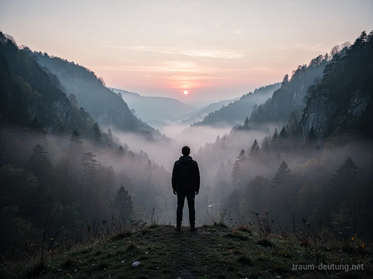 Silhouette einer Person steht am Rand eines nebligen Tals und blickt auf einen fernen Sonnenaufgang.