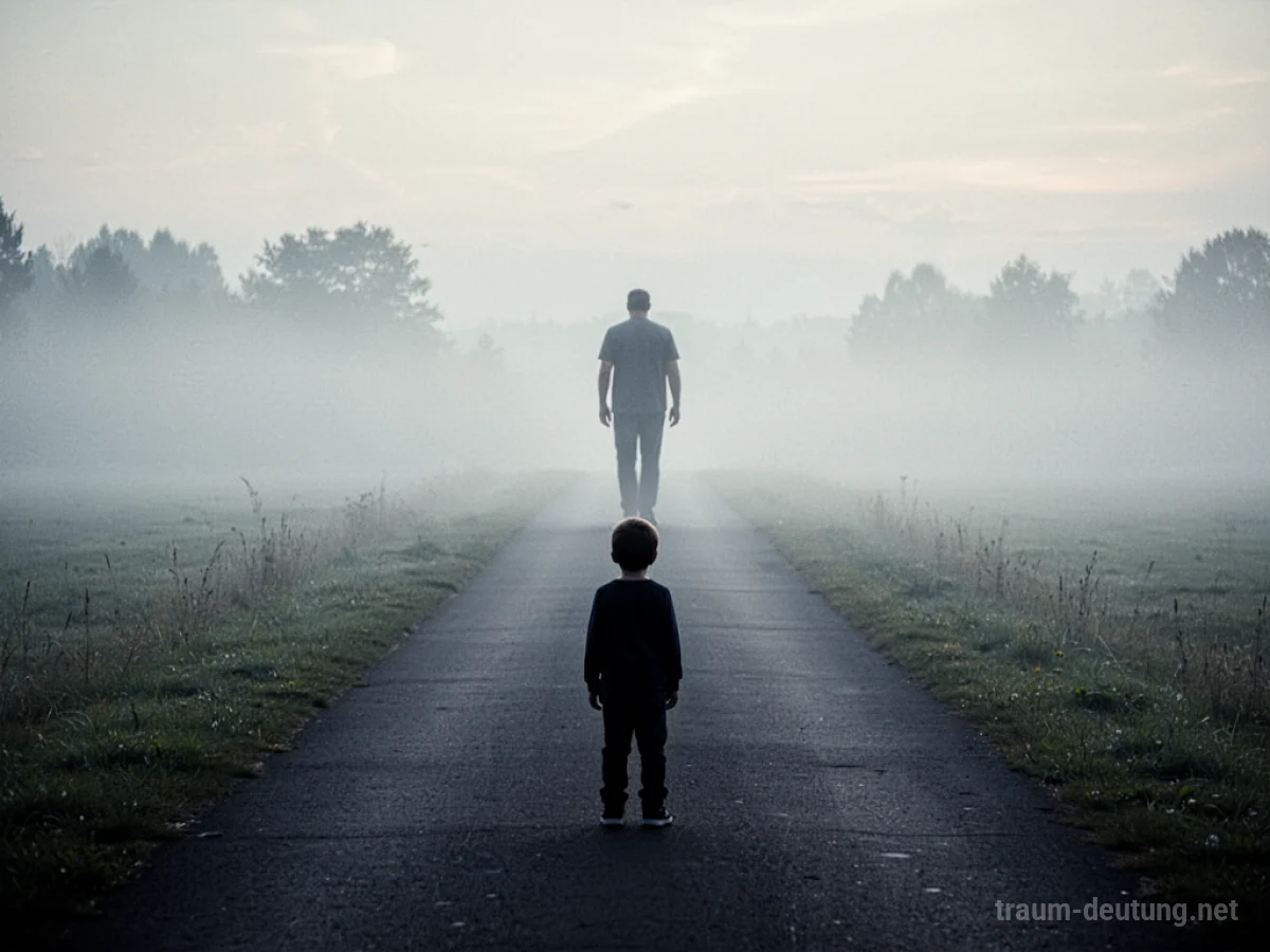 Kind steht allein auf einem Weg und schaut Vater nach, der davongeht.