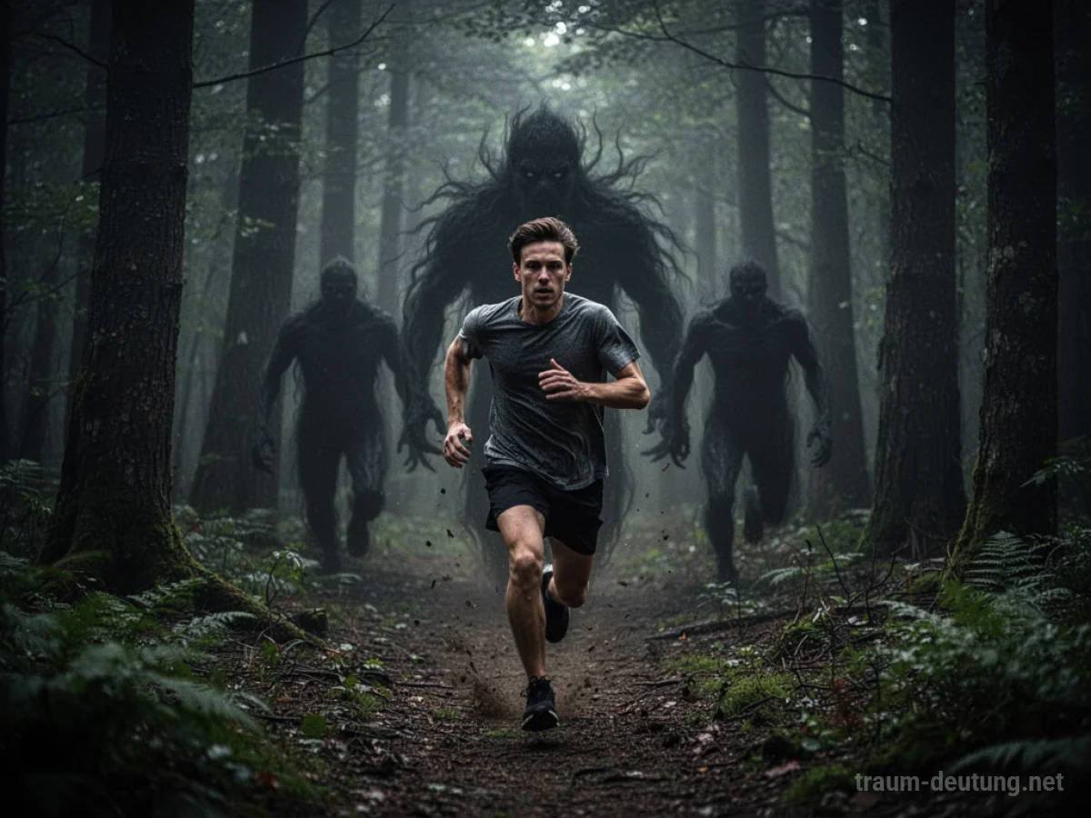 Eine Person rennt durch einen dichten, dunklen Wald, verfolgt von unsichtbaren Schatten.