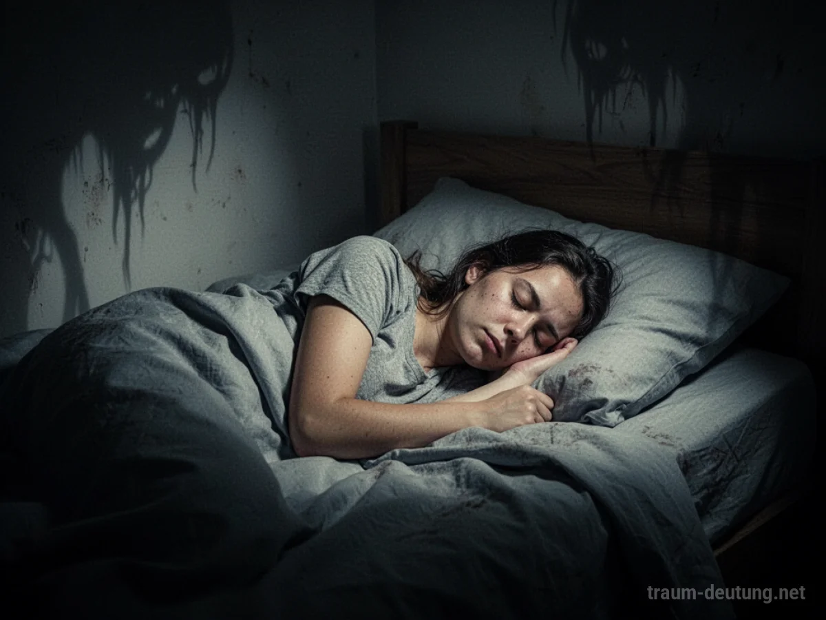 Schlafende Person im Bett mit unheilvollen Schatten am Raumrand