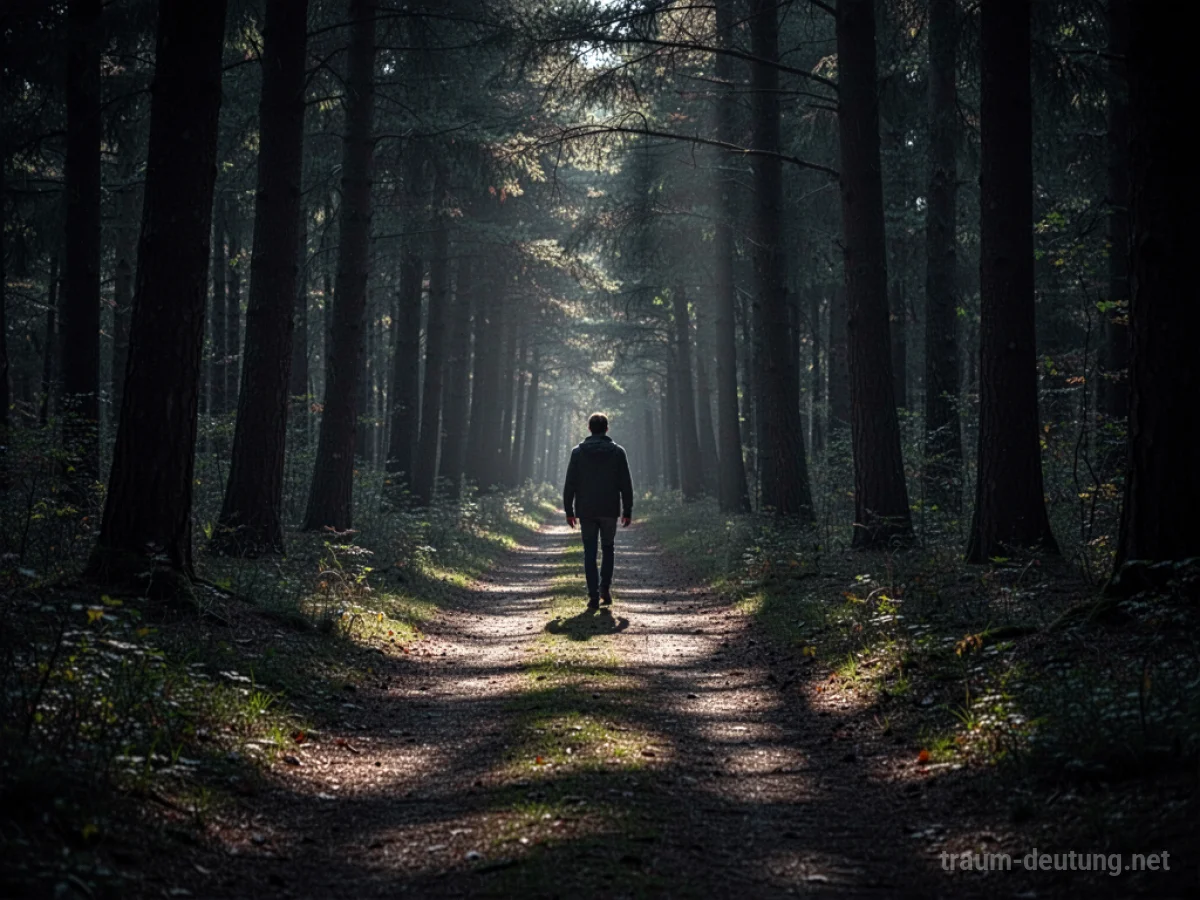 Eine einzelne Silhouette auf einem dunklen Waldweg, umgeben von Schatten.