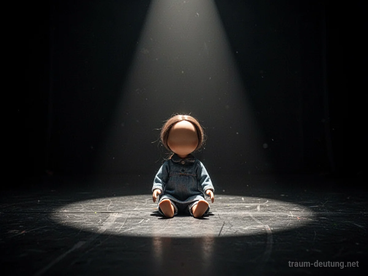 Gesichtslose Puppe sitzt allein auf einer dunklen Bühne im Scheinwerferlicht.