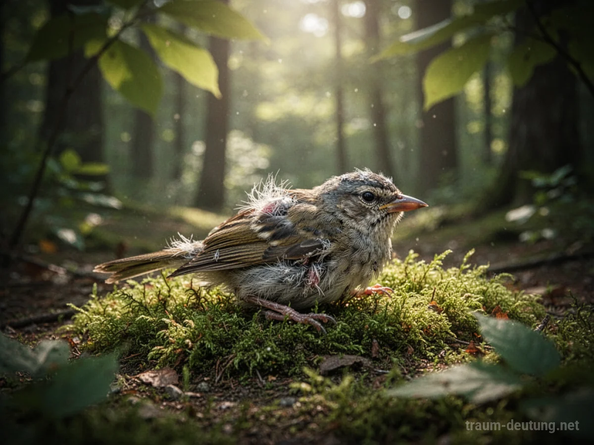 Verletzter Vogel mit gebrochenem Flügel auf Moos im Wald