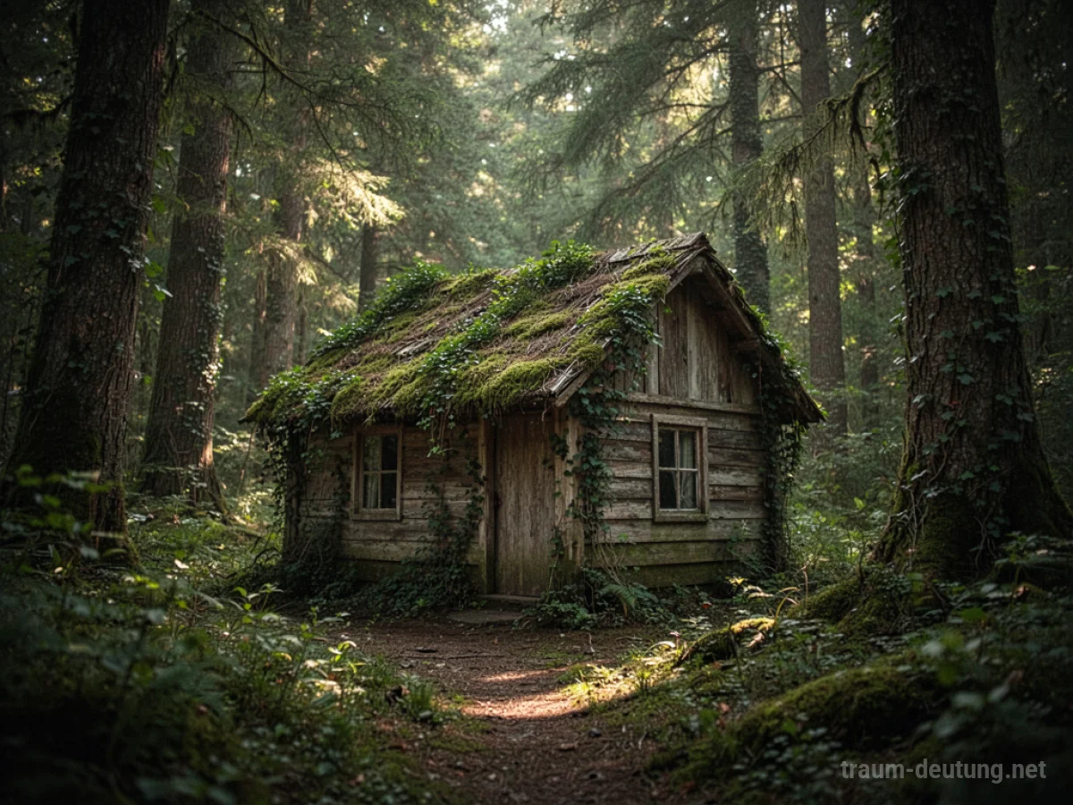 Ein verstecktes Holzhaus im dichten Wald, umgeben von Moos und Pflanzen.