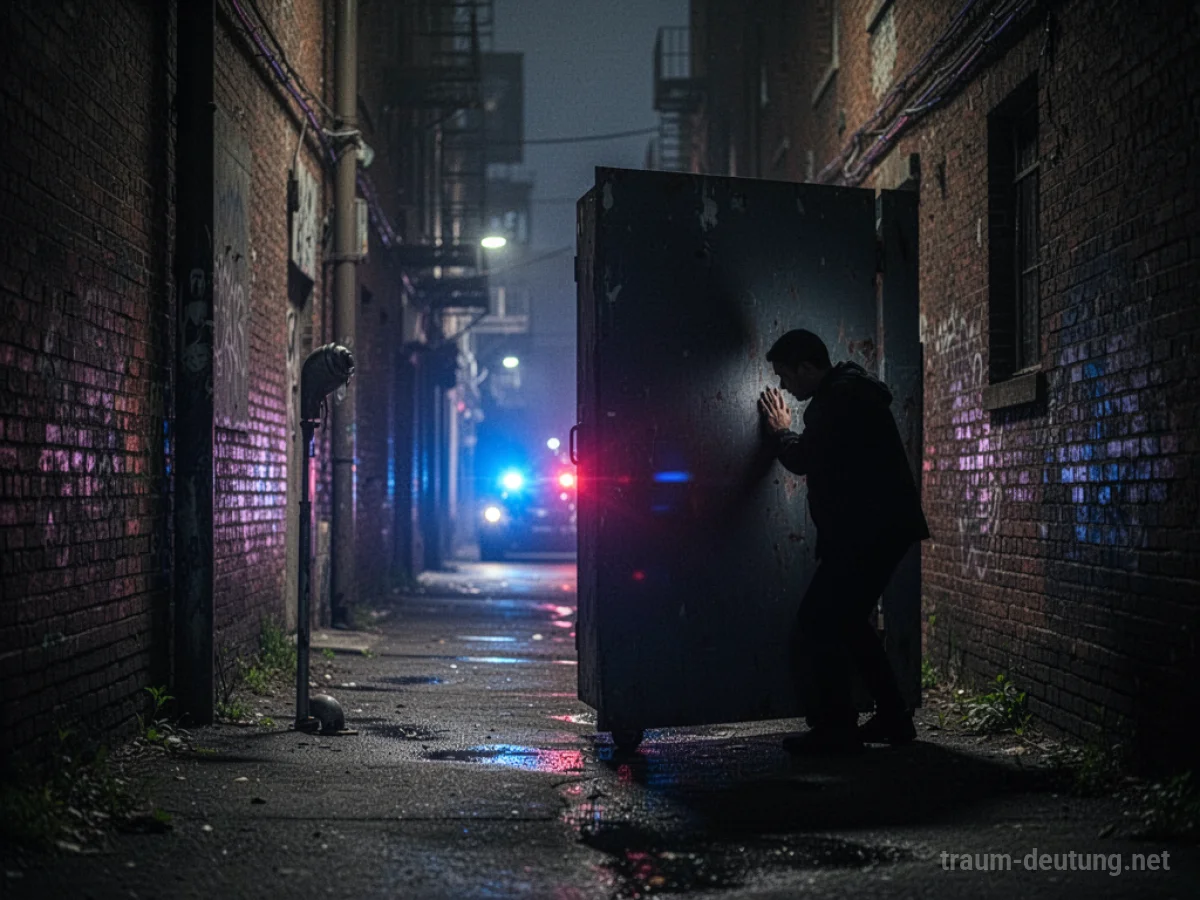 Silhouette einer Person, die sich in einer dunklen Gasse vor Polizeilichtern versteckt