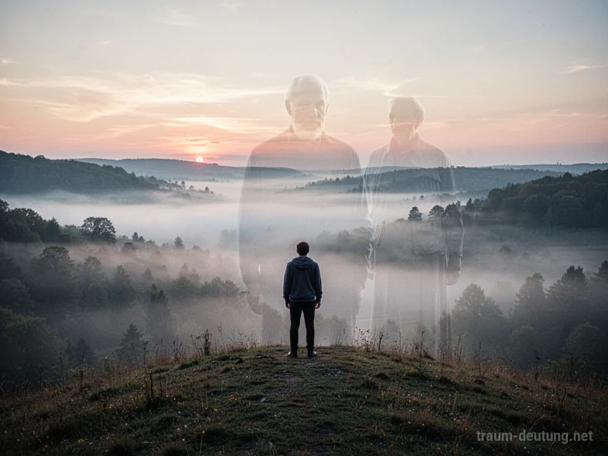Silhouettenhafte Darstellung eines verstorbenen Vaters im Nebel über einem Tal.
