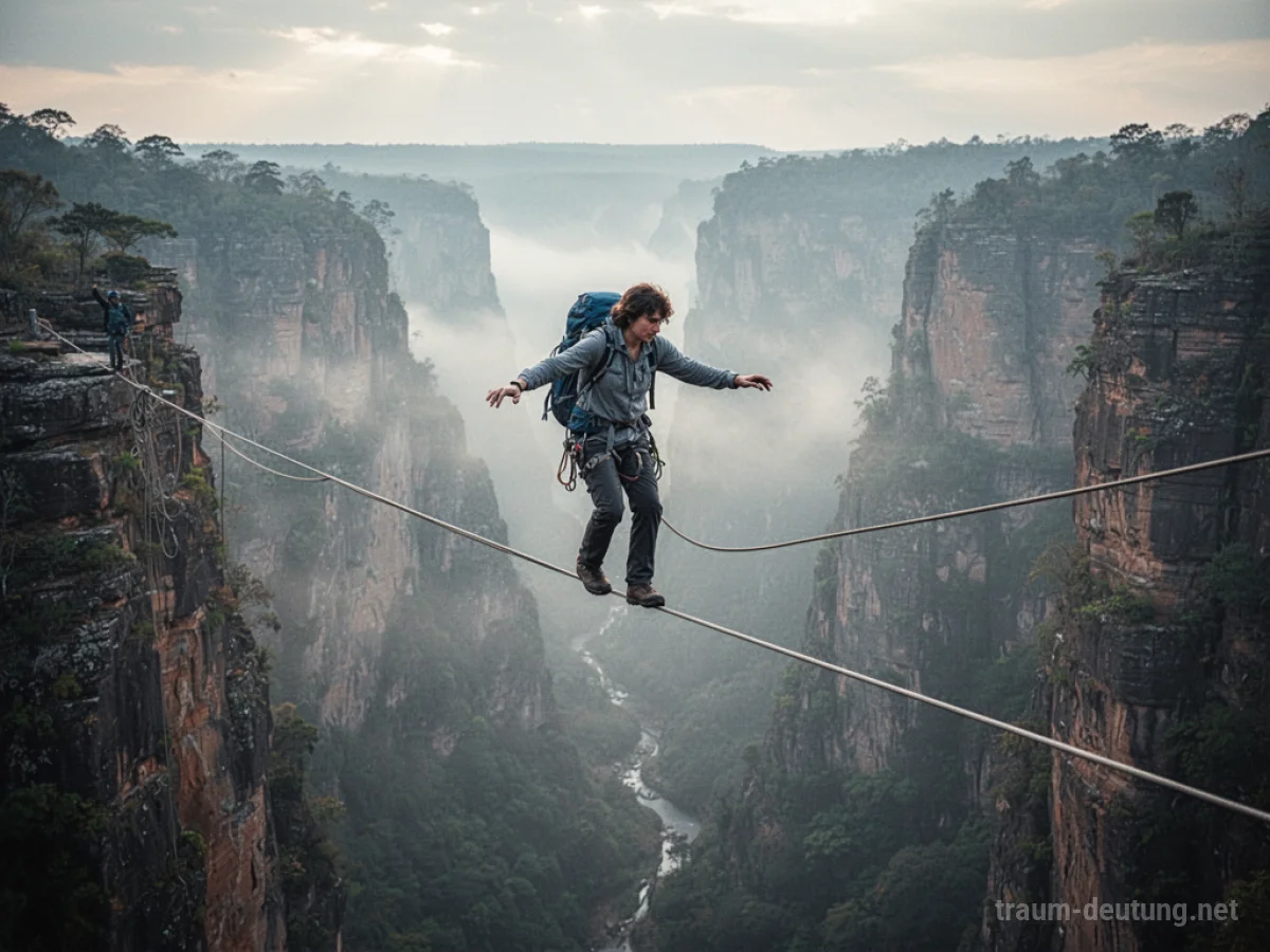 Person balanciert auf einem Seil über einer Schlucht