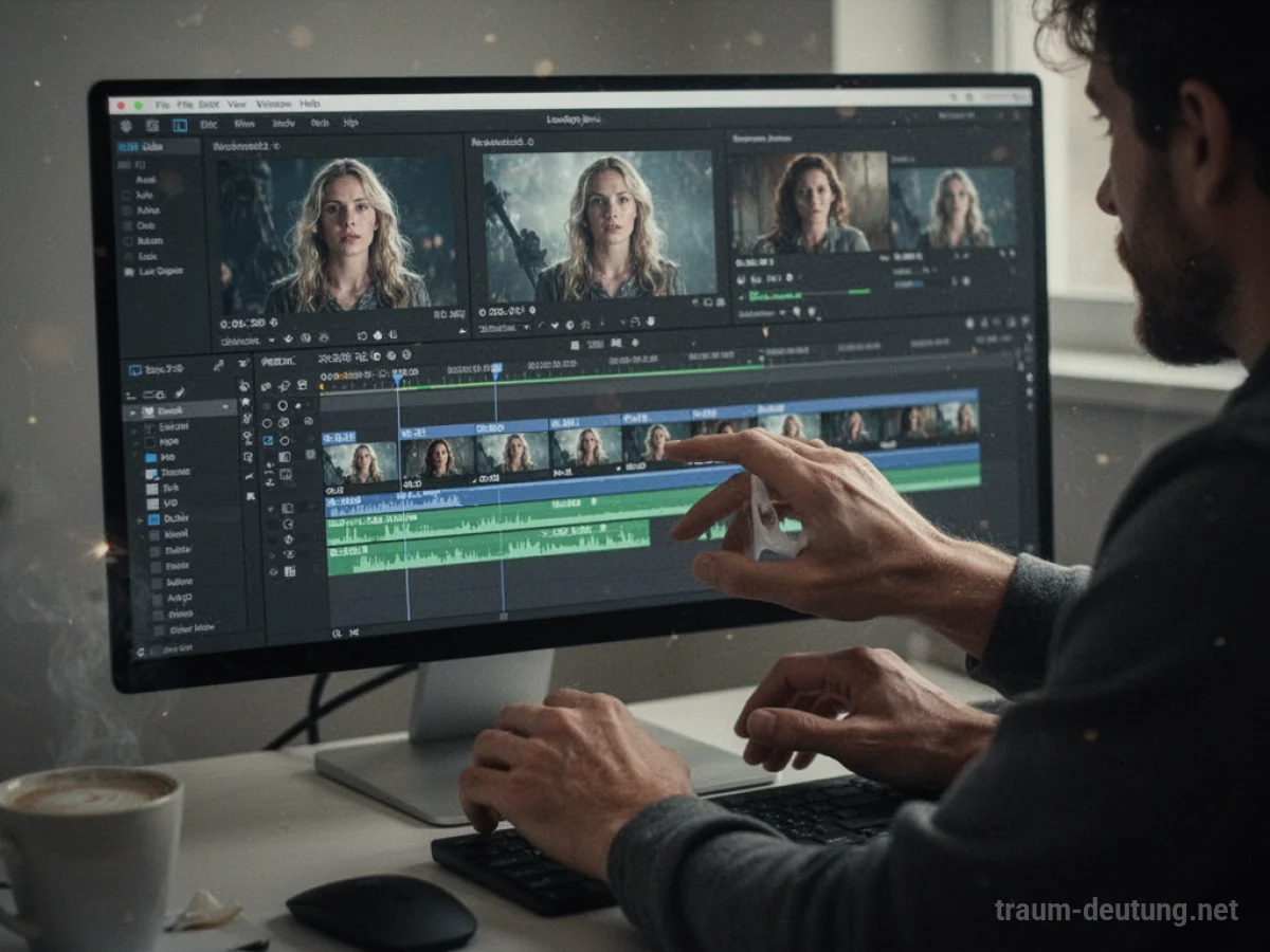 Hände bearbeiten ein Video am Computer mit Schnittprogramm.