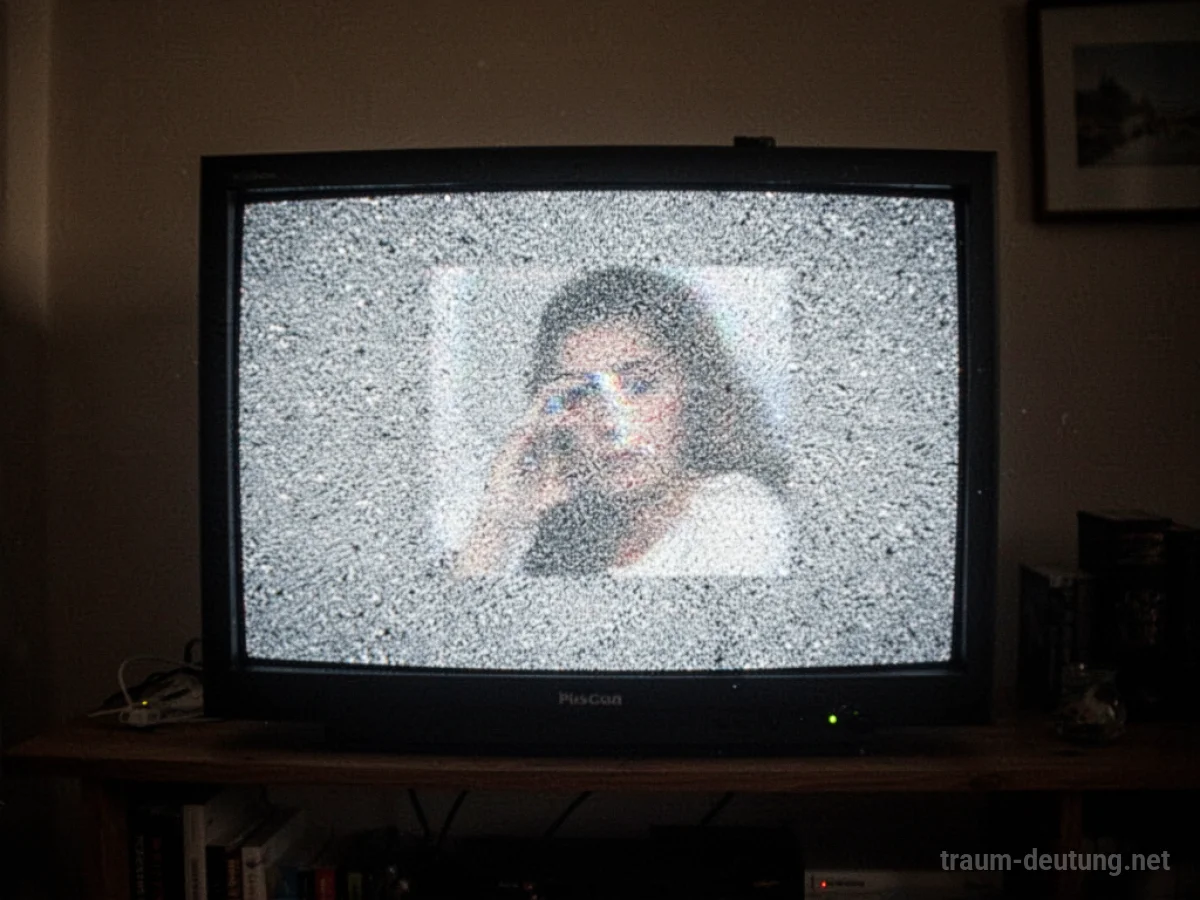 Ein Fernseher mit statischem Rauschen und einem unscharfen Bild darin.