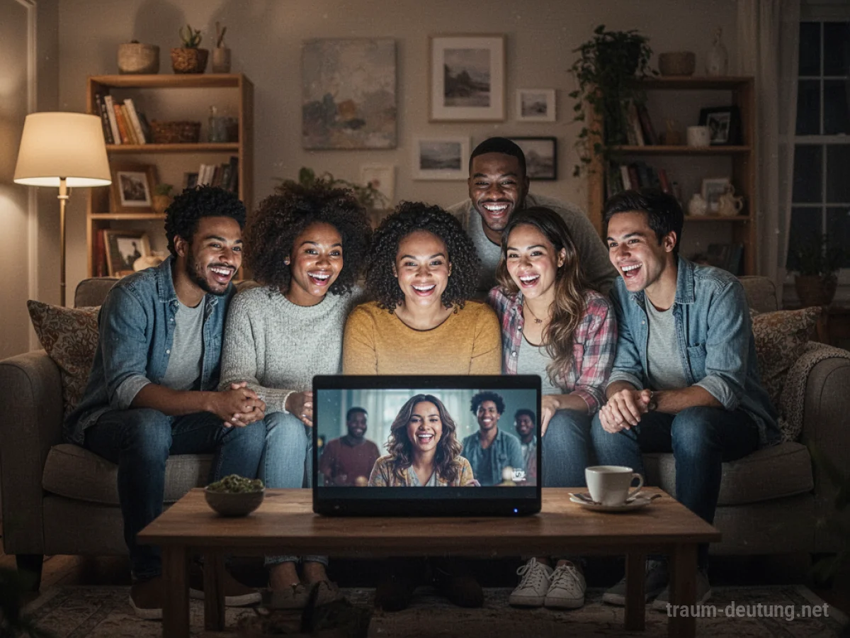 Freunde schauen gemeinsam ein Video auf einer Couch im Wohnzimmer