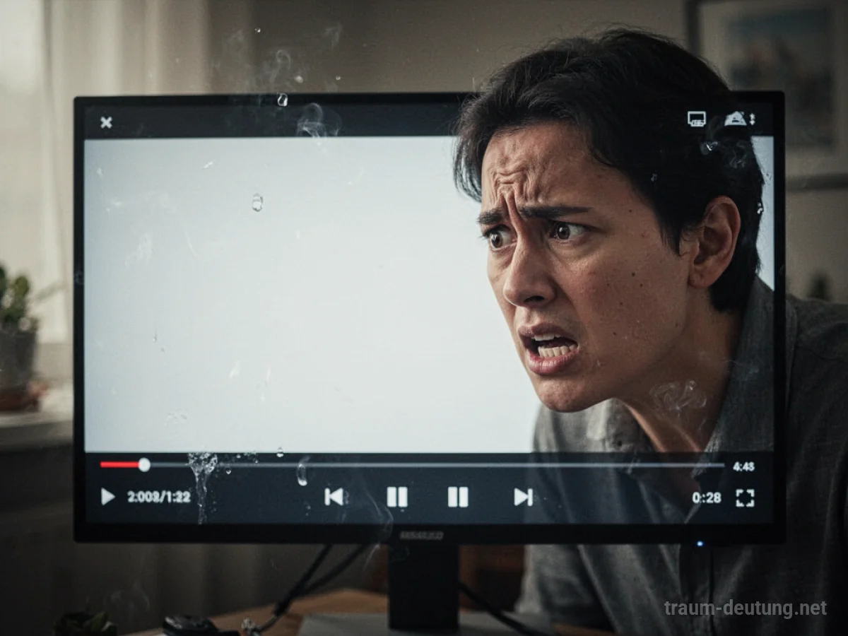 Eine Person schaut frustriert auf einen leeren Bildschirm, ein eingefrorenes Videoplayer-Fenster.