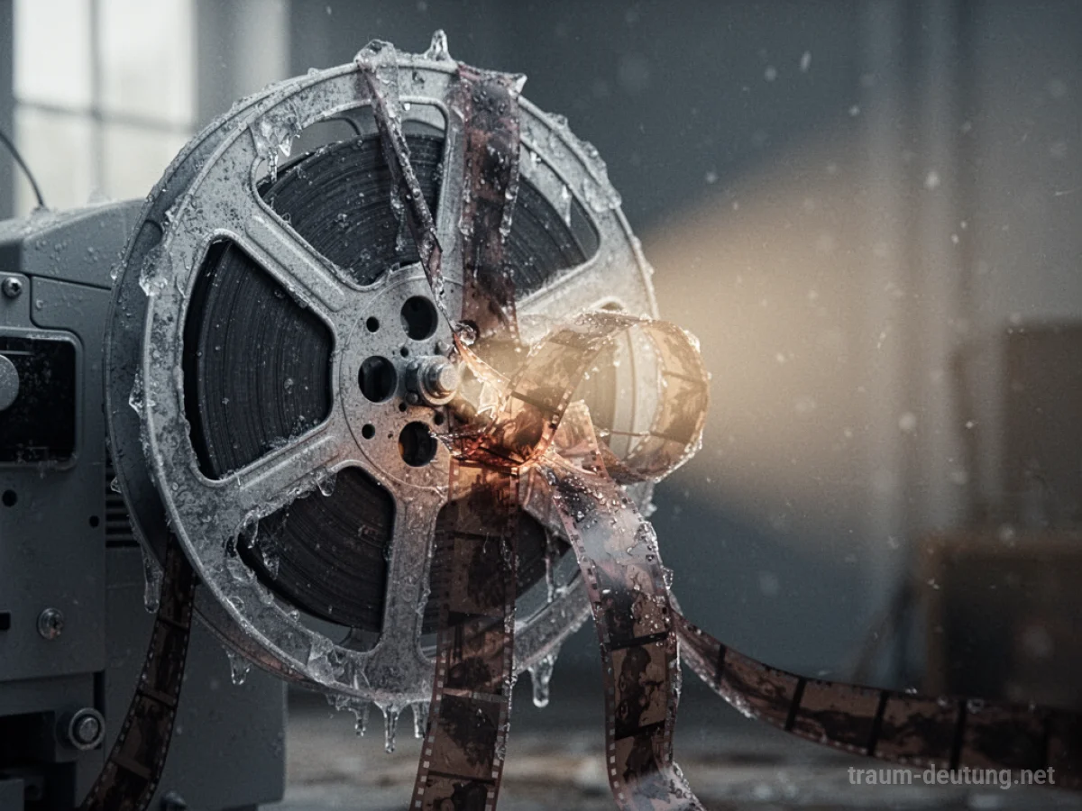 Ein Filmprojektor, dessen Filmrolle blockiert ist und sich verheddert.