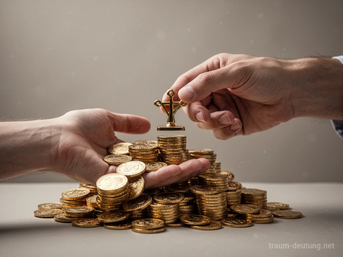 Hand übergibt große Menge Goldmünzen für ein kleines Objekt.