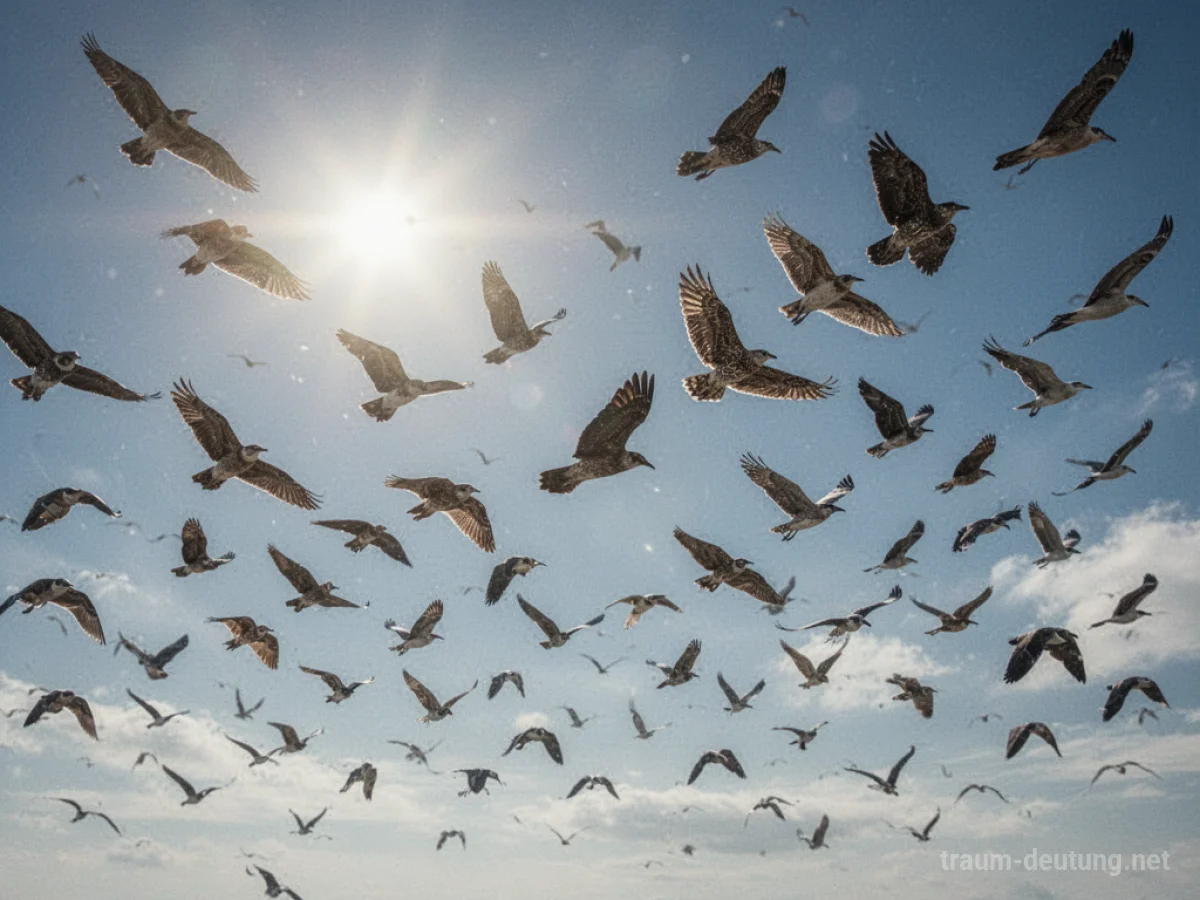 Großer Vogelschwarm fliegt am Himmel