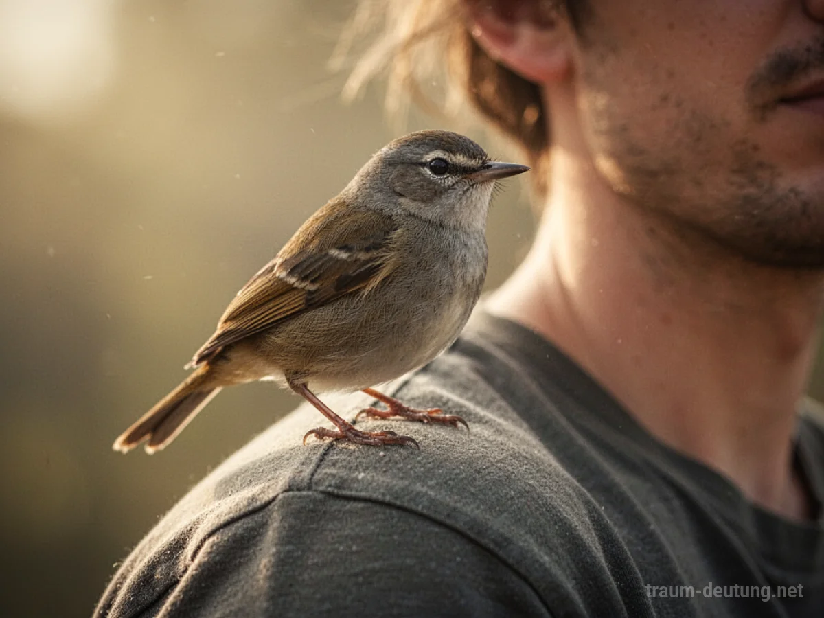 Ein kleiner Vogel sitzt sanft auf einer menschlichen Schulter.