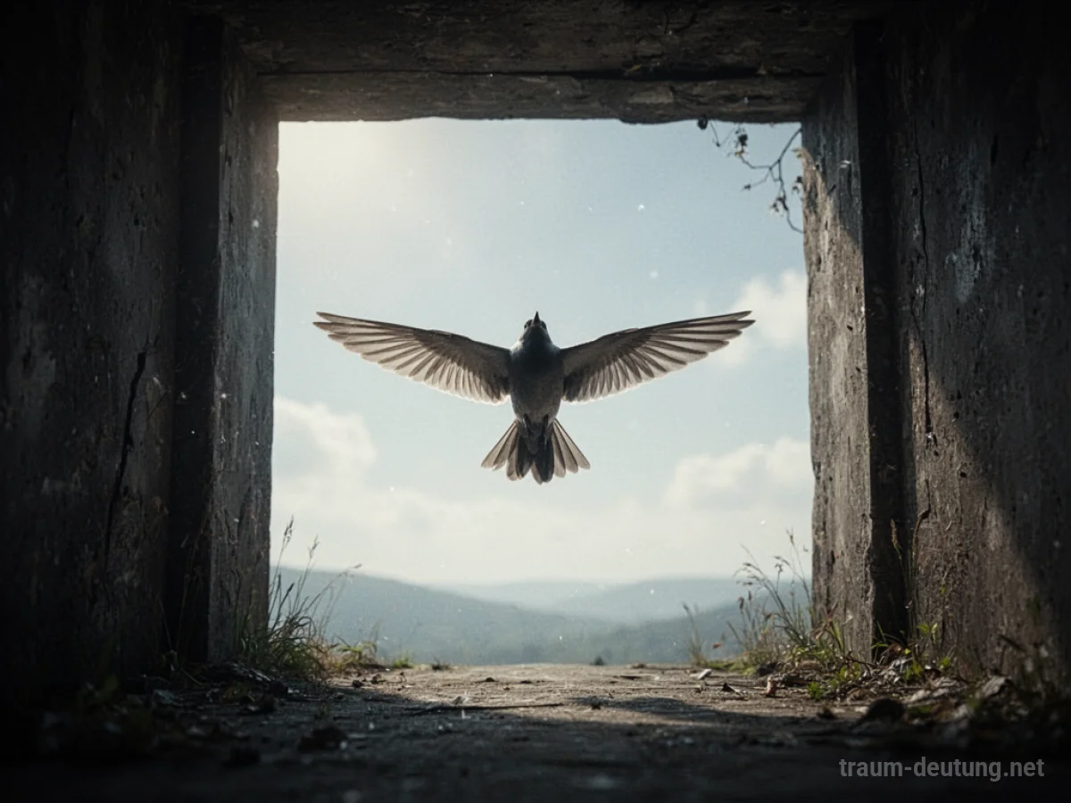 Ein Vogel fliegt in einen hellen Himmel davon.