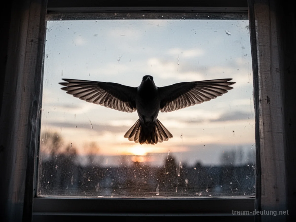 Vogel fliegt gegen ein Fenster im Morgengrauen.