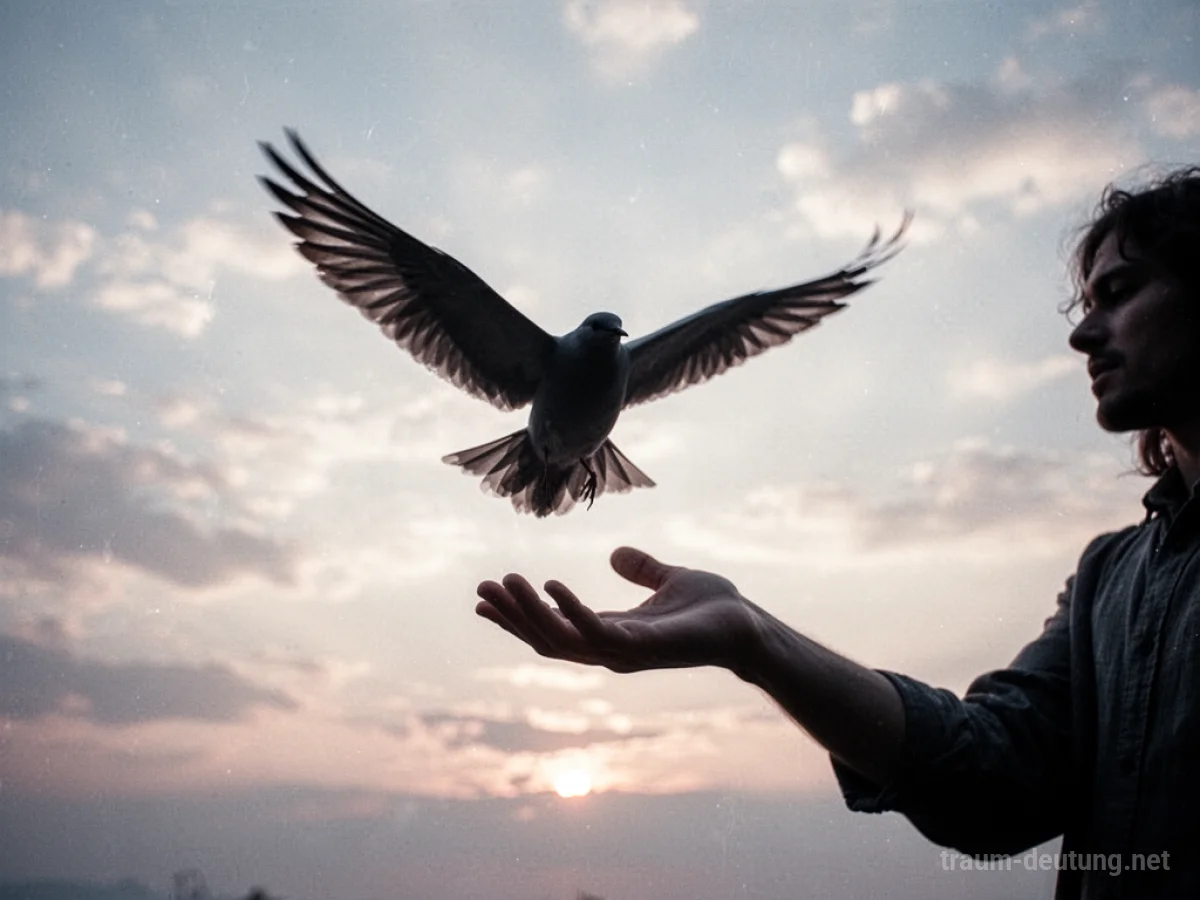 Silhouette eines Vogels, der von einer ausgestreckten Hand wegfliegt.
