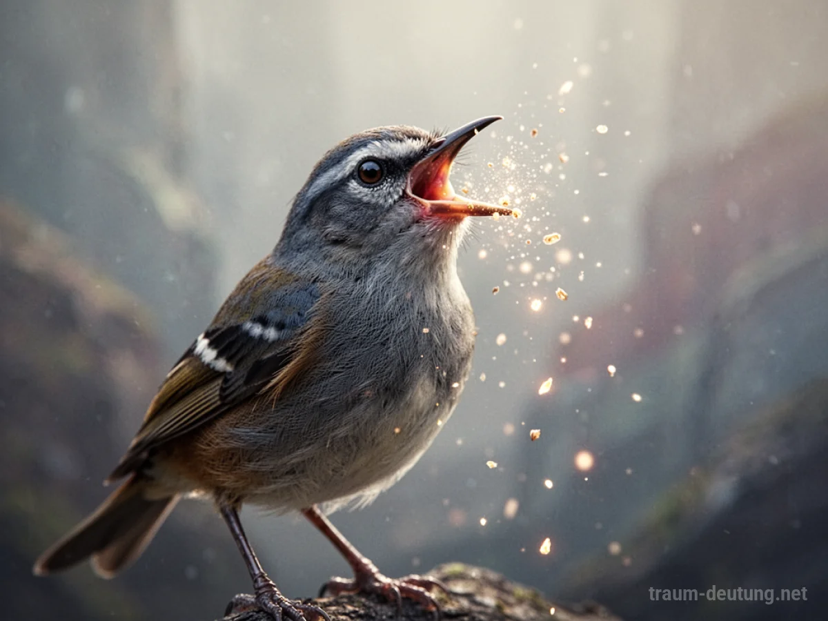 Ein stilisierter Vogel mit geöffnetem Schnabel nimmt leuchtende Partikel auf.