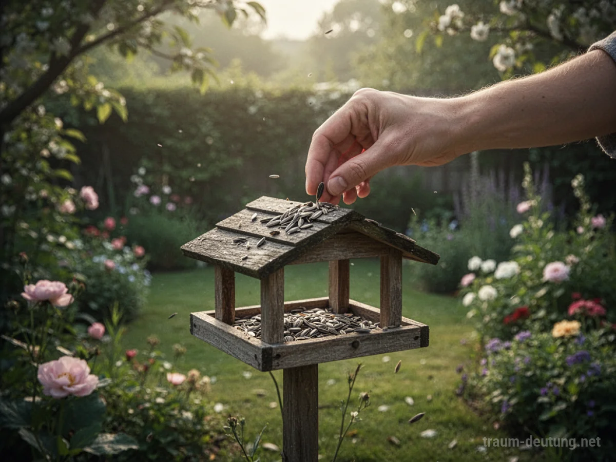 Hand füttert Vogel im Garten