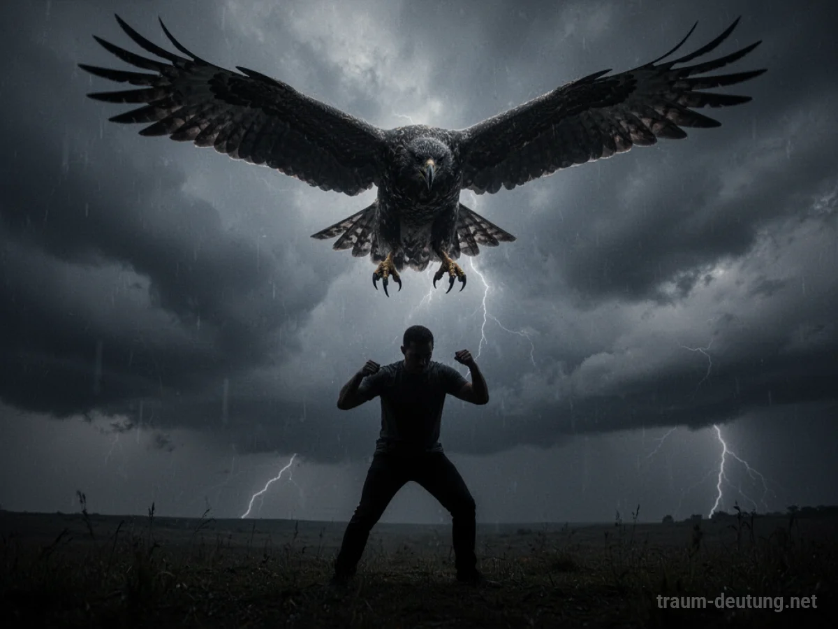Silhouette einer Person, die von einem großen, dunklen Vogel angegriffen wird.