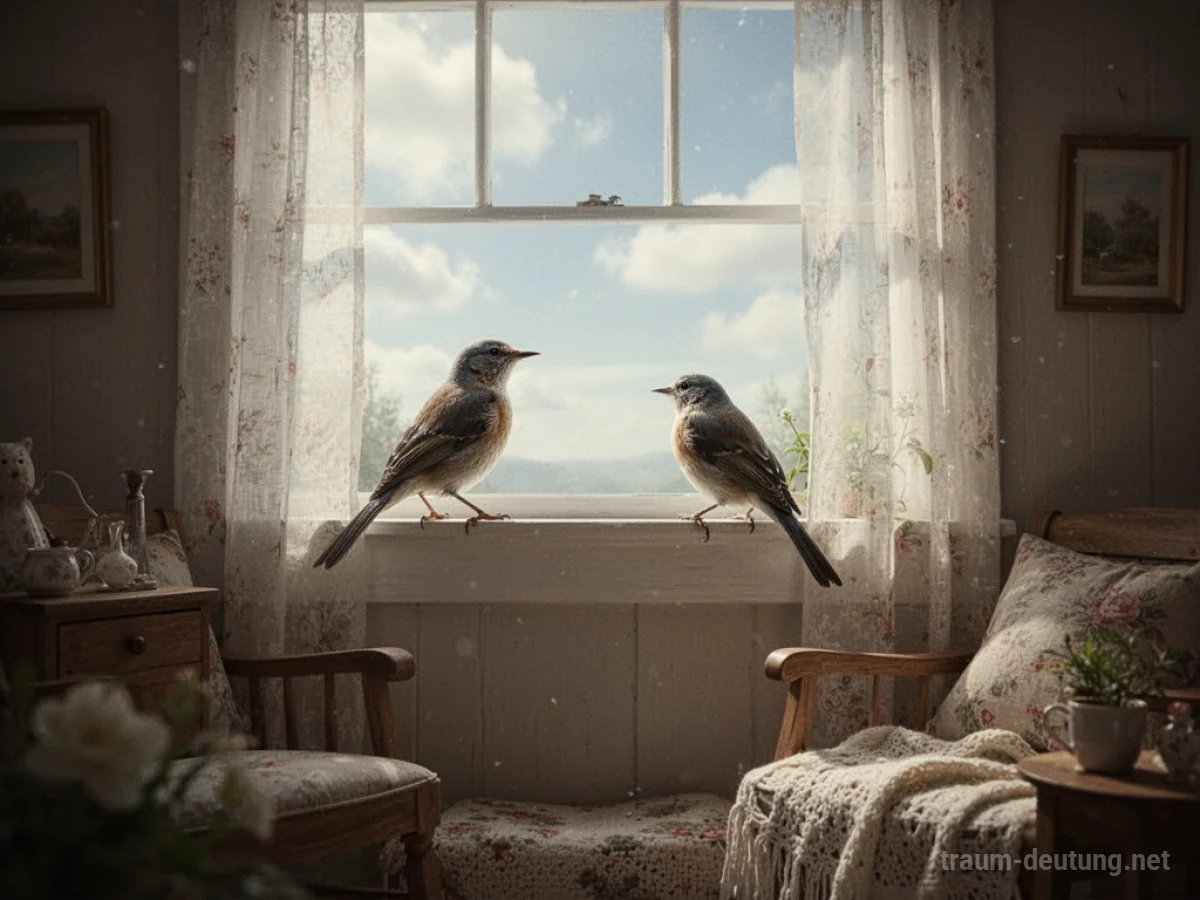 Ein kleiner Vogel sitzt im Zimmer auf einer Fensterbank und blickt nach draußen.