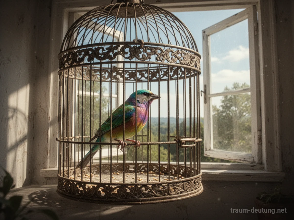 Bunter Vogel im Käfig blickt sehnsüchtig zum offenen Fenster hinaus