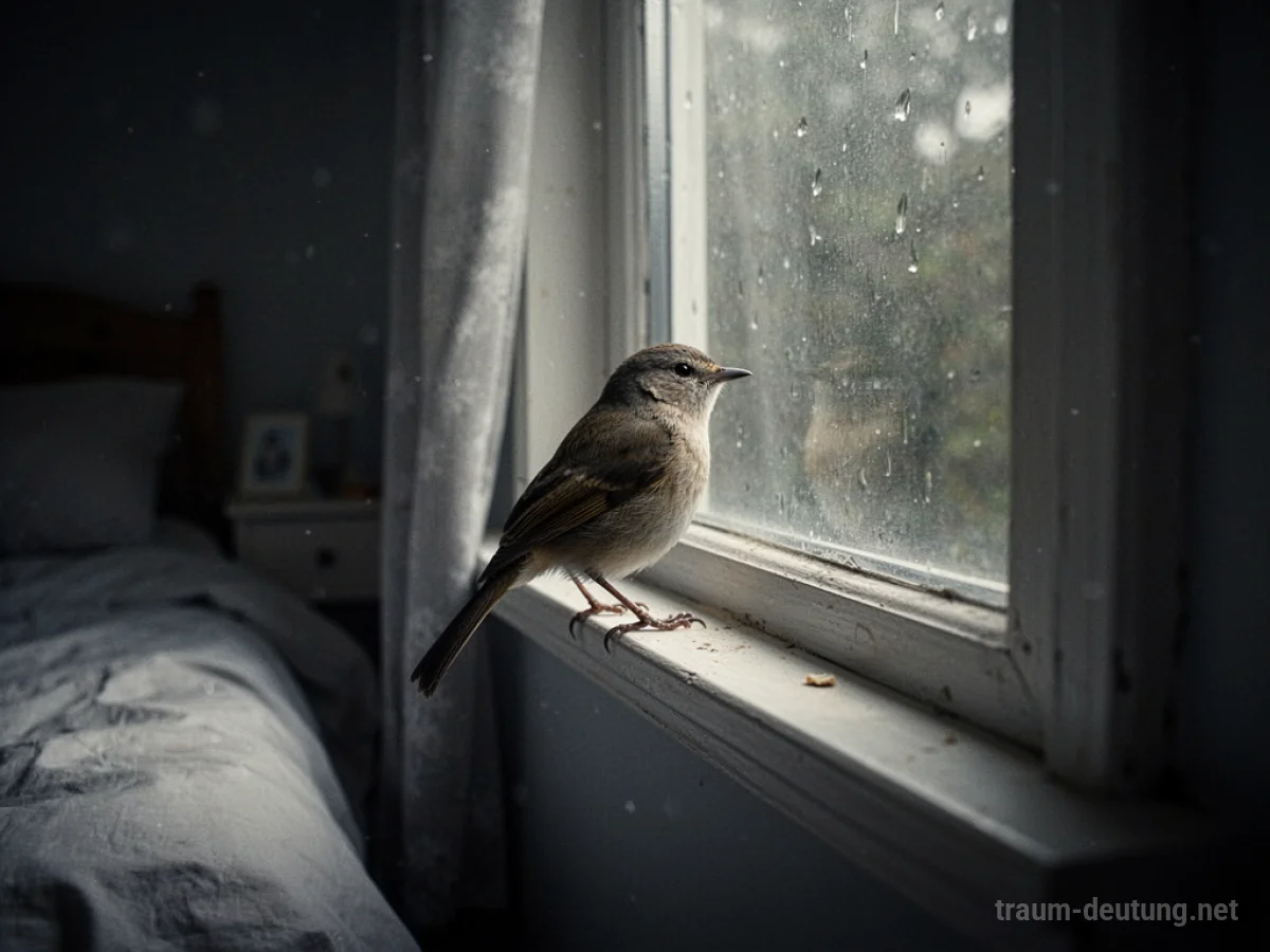 Ein kleiner Vogel sitzt auf der Fensterbank in einem Schlafzimmer.