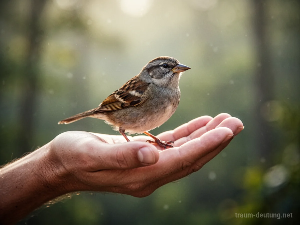 Ein kleiner Vogel sitzt ruhig in einer offenen menschlichen Hand.