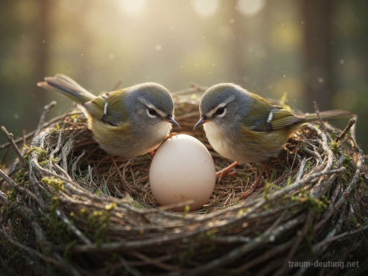 Ein Vogel legt ein Ei in seinem Nest.