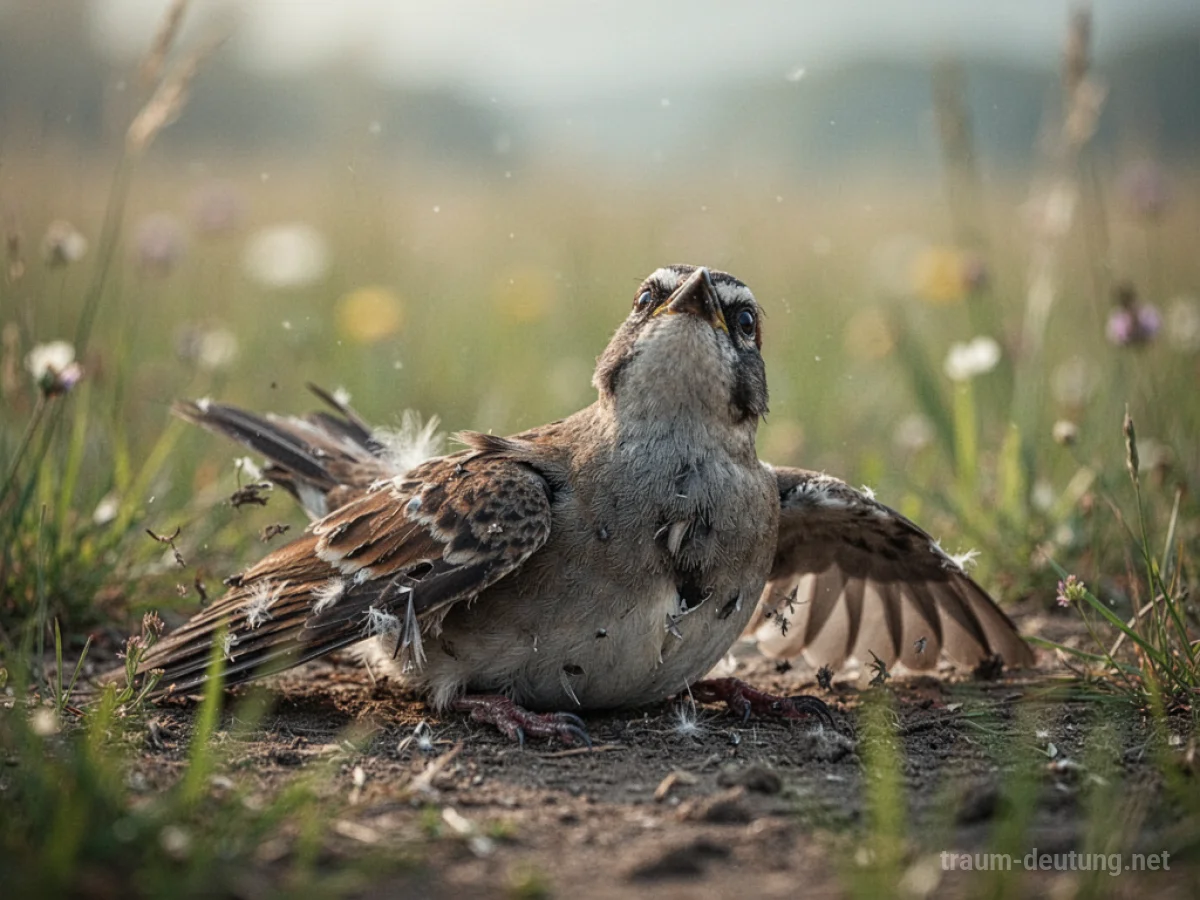Ein Vogel ohne Flügel liegt am Boden und blickt nach oben.