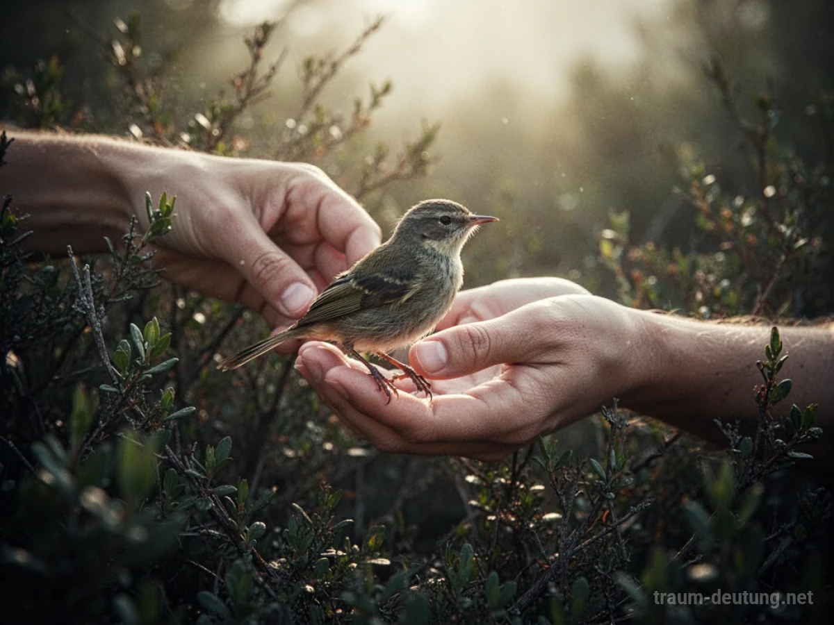 Hand rettet verletzten Vogel aus einem Busch