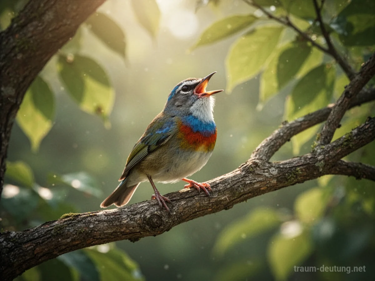 Ein bunter Vogel sitzt auf einem Ast und singt im Sonnenschein.