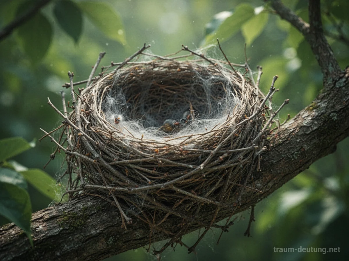 Vogelnest mit Zweigen und weichem Material auf einem Ast